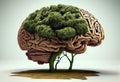 Tree in the shape of brain thinks and childrens to environmental solution. Generate Ai.