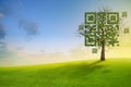 Tree shaped like qrcore with the green mountain and blue sky background. Technology ,Business and Nature Concept