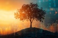 Tree Silhouette Against Sunset with Data Visualization Elements Royalty Free Stock Photo