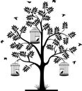 Tree silhouette with birds flying and bird in a cage