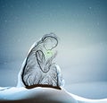 Tree silhouette like a woman holding green sprout, first spring sprout in cold winter weather, tree alive idea, Royalty Free Stock Photo