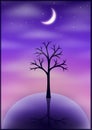 A tree silhouette on a small icy planet with a pink and purple starry sky.