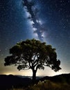 Tree silhouetted against a starry night sky