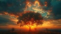 A tree silhouetted against a sunset sky its shadow creating a sense of familiarity and nostalgia