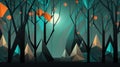 Tree silhouettes at night in scary spooky forest for Halloween background. Modern minimal geometric style. AI Royalty Free Stock Photo