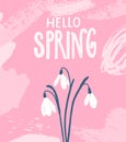 Tree snowdrops. Hand drawn first spring flowers on pastel pink background with abstract strokes. Hello spring card Royalty Free Stock Photo