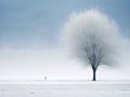 A tree in a snowy field. Serene winter landscape