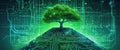 A tree with soil growing at the intersection of digital networks.created with the help of artificial intelligence. Royalty Free Stock Photo