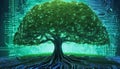 A tree with soil growing at the intersection of digital networks.created with the help of artificial intelligence. Royalty Free Stock Photo
