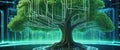 A tree with soil growing at the intersection of digital networks.created with the help of artificial intelligence. Royalty Free Stock Photo