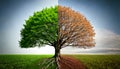 Tree split in half, one side lush green representing spring Royalty Free Stock Photo