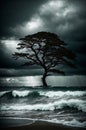A tree standing against the storm on a beach with a dark sky and waves. Royalty Free Stock Photo
