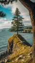 A tree stands alone by the cliffs of the sea. Ai generated Royalty Free Stock Photo