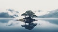 Serene Island: A Calming And Lush Imagery Of A Lone Tree In Calm Water