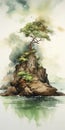 Serene Island: A Naturalistic Watercolor Painting Of A Tree On An Island