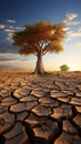 Tree stands in cracked earth, depicting climate crisis, water scarcity from global warming