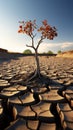 Tree stands in cracked earth, depicting climate crisis, water scarcity from global warming