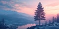 Tree stands in front of a lake with a beautiful pink sky in the background Royalty Free Stock Photo