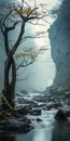 Misty Gothic Landscape: Tree On Rock By Creek In Rural China