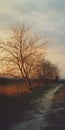 Breezy Scenery: A Photorealistic Sunset With A Bald Tree On A Dirt Path