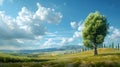 Tree on a grassy hill with mountains, under a cloudy sky Royalty Free Stock Photo