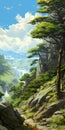Anime-inspired Mountain Landscape With Peculiar Spruce
