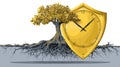 Tree With Strong Roots Protected by Golden Shield Clock - Time Protection Concept Royalty Free Stock Photo