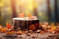 A tree stump amid colorful autumn leaves