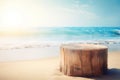 a tree stump on a beach with the ocean in the background and a bright sun shining on the water and a wave coming in from the