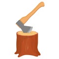 Tree Stump with clogged ax. Cartoon Tree Stump on white background.