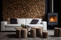 Tree stump coffee table near white sofa and pouf against wood paneling wall with fireplace and stack of firewood