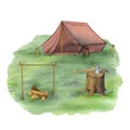 Tree stump, cut wood trunk, axe. Green glade, field, edge. Tarp canvas tent for camping. Wooden sticks for cooking over