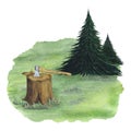 Tree stump, cut wood trunk, axe with wooden handle. Fir tree, spruce. Green glade, field, edge. Watercolor illustration