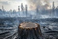 Tree stump in foreground of smoldering forest after wildfire Royalty Free Stock Photo