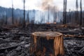 Tree stump in foreground of smoldering forest after wildfire Royalty Free Stock Photo