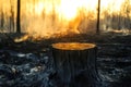 Tree stump in foreground of smoldering forest after wildfire Royalty Free Stock Photo