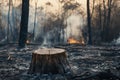 Tree stump in foreground of smoldering forest after wildfire Royalty Free Stock Photo