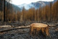 Tree stump in foreground of smoldering forest after wildfire Royalty Free Stock Photo
