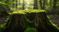 A tree stump in a forest is covered with vibrant green moss Royalty Free Stock Photo
