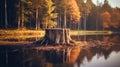 Tree stump in the forest. Wooden cabin by the lakeside in the background. Generative Ai