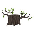 Tree stump with green leafs icon, cartoon style