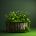 Wooden stump overgrown with moss on a green background with copy space - eco style. Generative AI