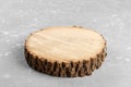 Tree stump round cut with annual rings on gray background from top view Royalty Free Stock Photo