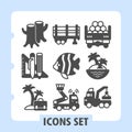 Tree stump, ruler, briefcase modern icons set featuring tropical, transportation and business items in solid style for Royalty Free Stock Photo