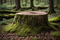 Tree stump wooden cut with green moss in the forest