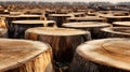 Tree stumps filling a clear cut forest, showing widespread deforestation and environmental impact from logging Royalty Free Stock Photo