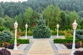 Tree in a summer park. Beautiful background of the alley in the garden with trees and lanterns. Beautifully trimmed Royalty Free Stock Photo