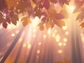 Tree with sun shining through leaves, great art, autumn, pink background.