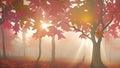 Tree with sun shining through leaves, great art, autumn, pink background.