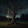 Tree with Swing and Lantern in Dark Night Royalty Free Stock Photo
